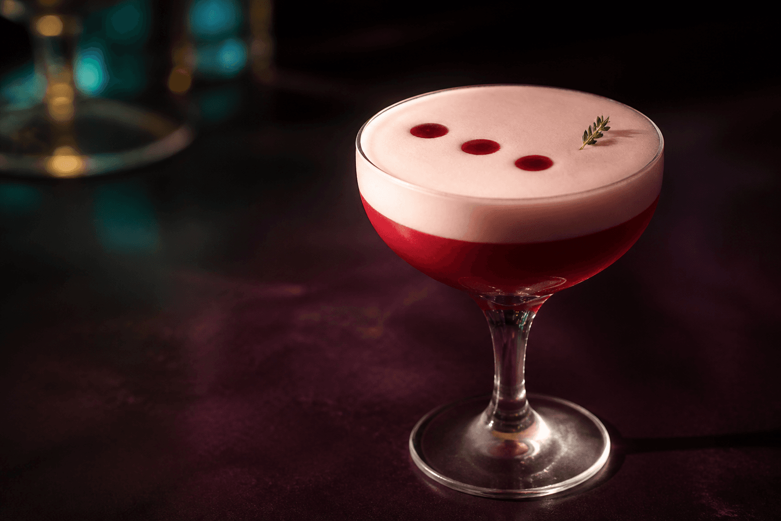 Smoked-grey coupe med rubinrød Clover Club, tykt lyserødt skum, tre hindbærdråber og lille timianspids