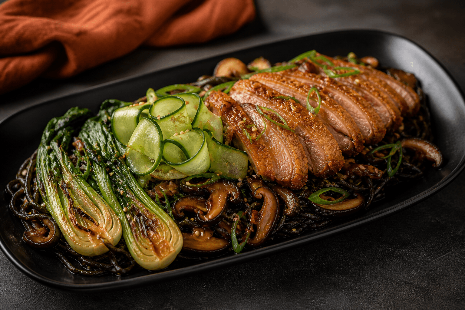 Langt sort fad med gennemstegt sprød and, mørke sticky nudler, shiitake, forkullet pak choi og syltede agurkebånd