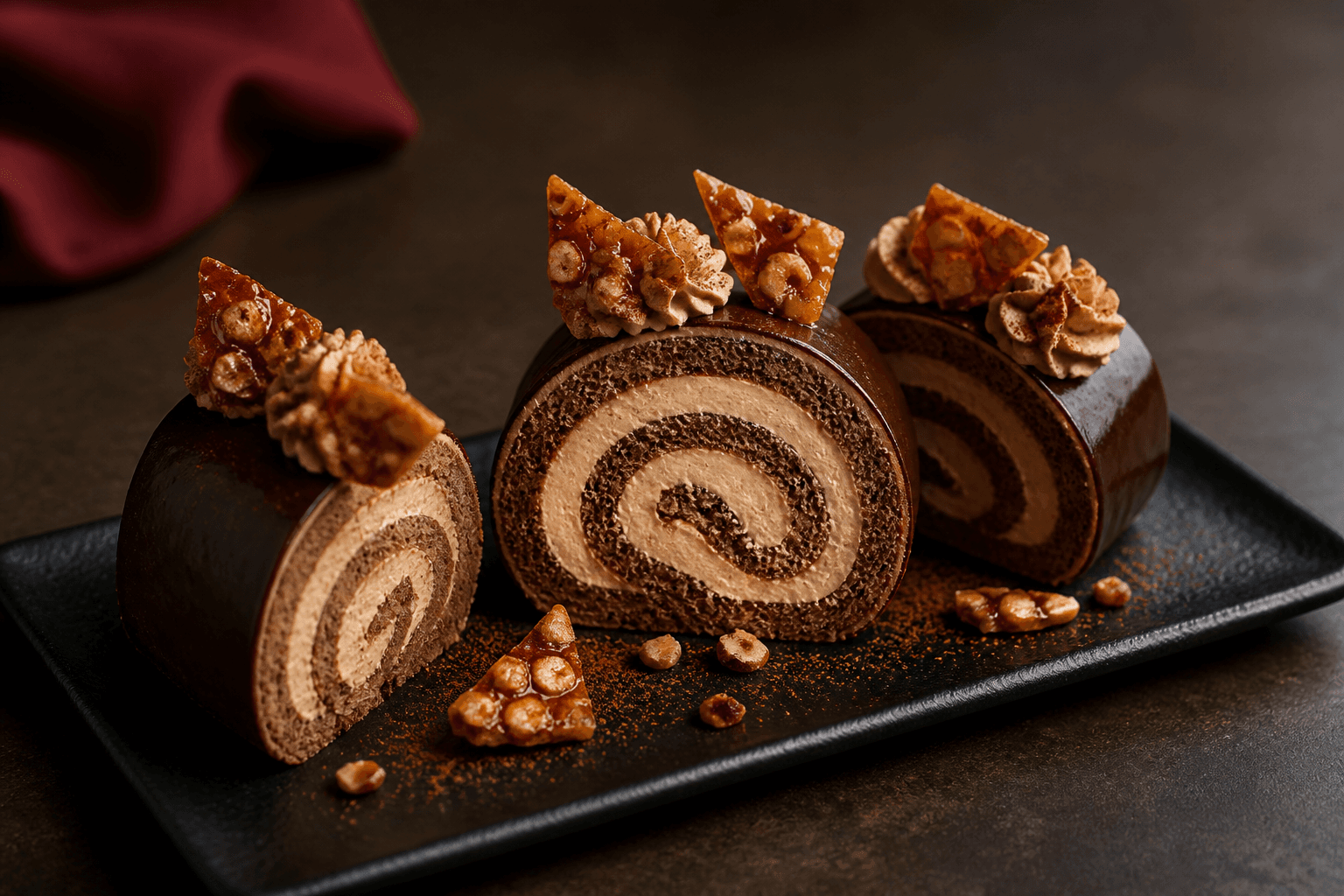 Tre tykke skiver chokoladeroulade med espresso-Baileyscreme, tynd chokoladeglasur, kakaorosetter og hasselnødpraline på sort fad