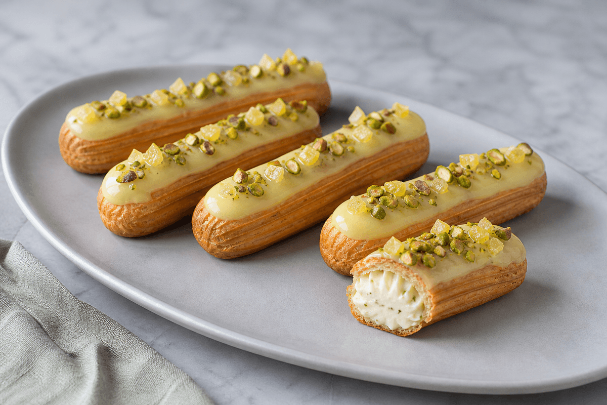 Fem gyldne riflede éclairs med lysegul citronglasur, pistacie, kandiseret citron og synlig citron-timiancreme