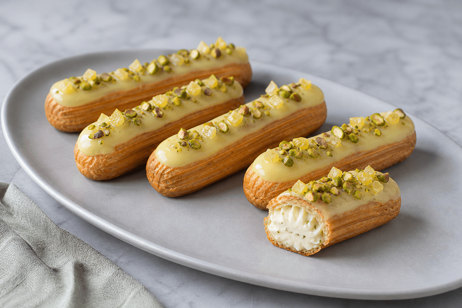 Fem gyldne riflede éclairs med lysegul citronglasur, pistacie, kandiseret citron og synlig citron-timiancreme