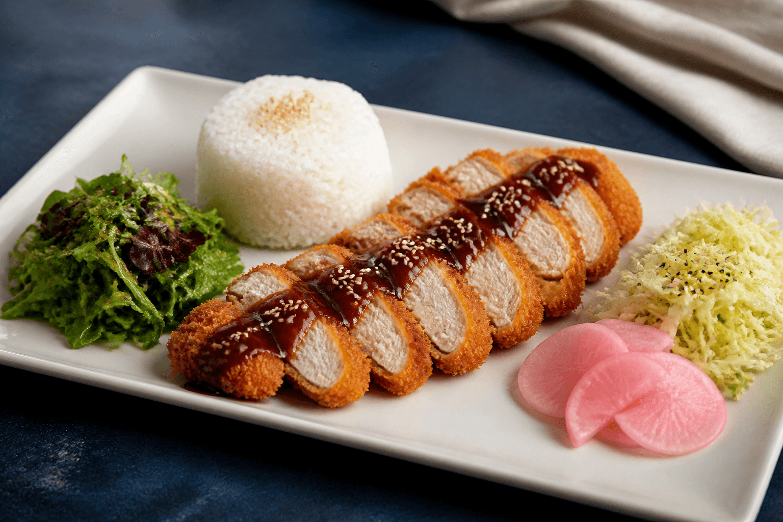 Lang elfenbensfarvet tallerken med gennemstegt sprød kylling-katsu, mørk æble-misosauce, ris, sesamkål, grøn salat og syltet radise