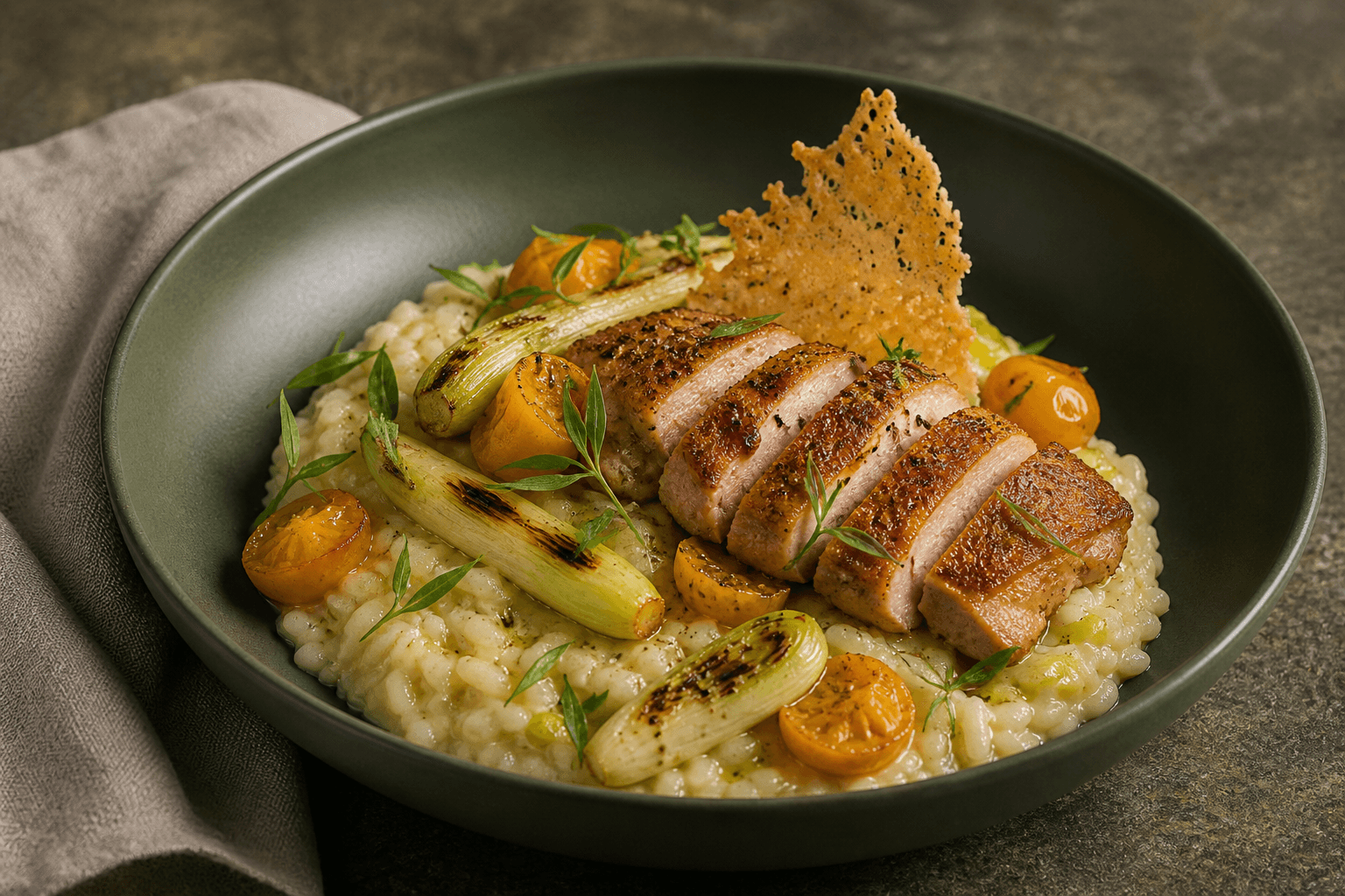 Mossgrøn skål med cremet citron-porrerisotto, skiver af gennemstegt sprød kylling, grillede miniporrer, gule tomater og parmesanflage