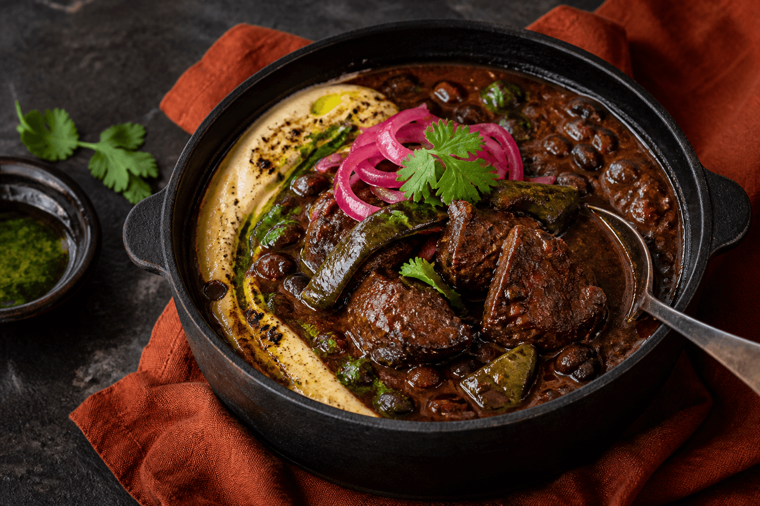 Sort støbejernsgryde med mørk bov-chili, store møre oksekødsstykker, sorte bønner, poblano, ristet majscreme, syltet rødløg og koriander