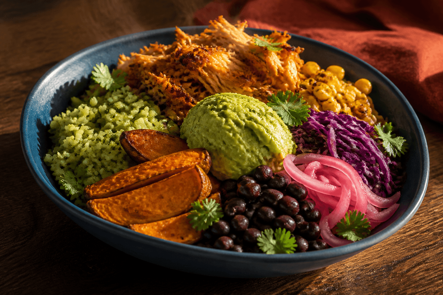 Petrolblå bowl med gennemstegt achiote-pulled-chicken, korianderris, sød kartoffel, sorte bønner, lilla kål, majs, guacamole og syltet rødløg