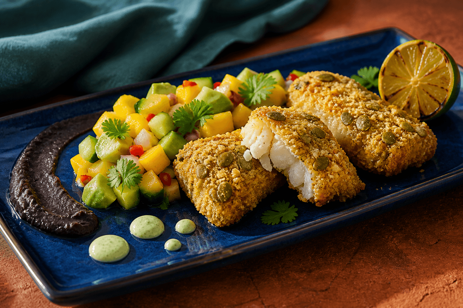 Lang koboltblå tallerken med tre gennemtilberedte majscrustede torskestykker, mango-avocadosalsa, sort bønnecreme, limecreme, koriander og grillet lime
