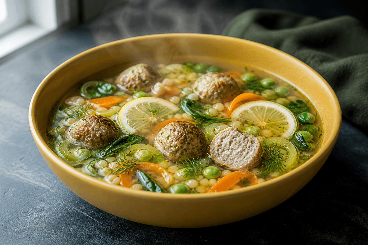 Sennepsgul skål med klar citron-kyllingesuppe, gennemstegte kyllingekødboller, små pasta, gulerod, porre, ærter, spinat og dild