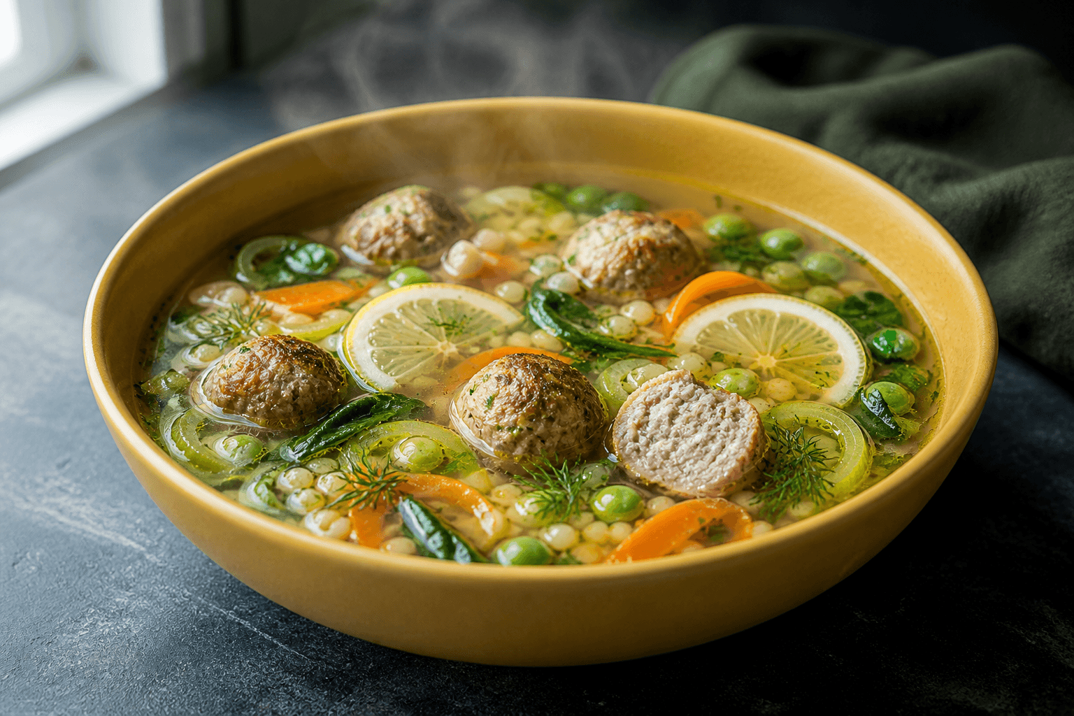 Sennepsgul skål med klar citron-kyllingesuppe, gennemstegte kyllingekødboller, små pasta, gulerod, porre, ærter, spinat og dild