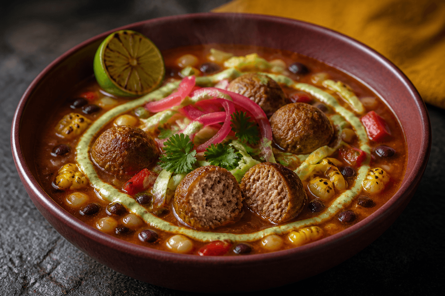 Dyb okseblodsrød skål med ancho-tomatsuppe, gennemstegte oksekødsboller, hominy, sorte bønner, majs, kål, avocado-limecreme og syltet rødløg