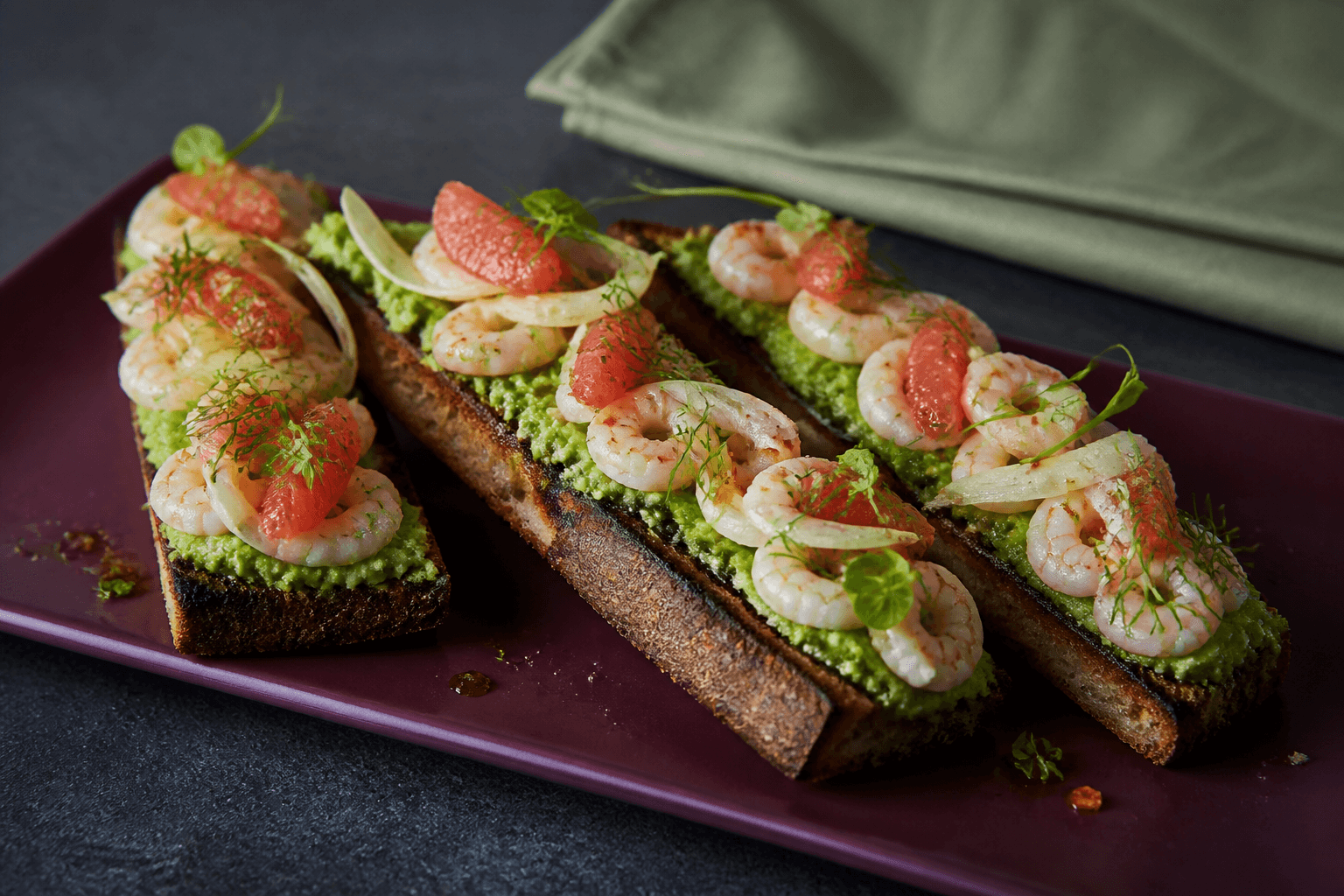 Langt auberginefarvet fad med fire grillede surdejsbrød, avocado-ærtemos, fuldt tilberedte citronrejer, pink grapefrugt, syltet fennikel og dild