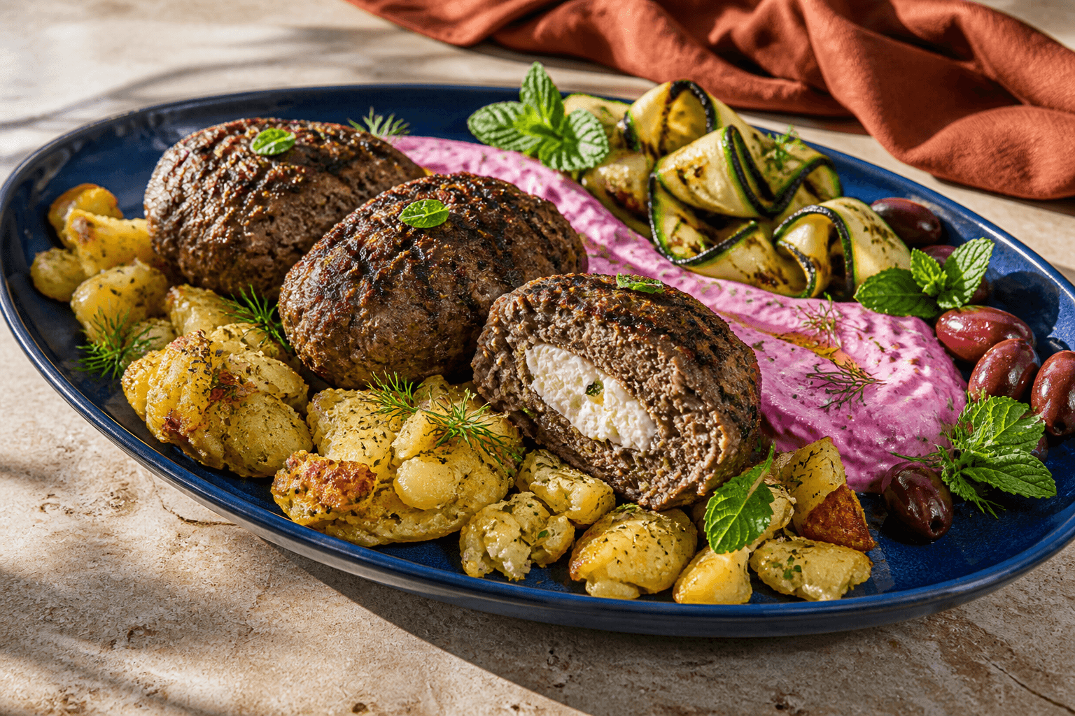 Langt ægæiskblåt fad med tre gennemstegte feta-fyldte græske bifteki, pink rødbede-tzatziki, sprøde knuste citronkartofler, grillet courgette, oliven og urter