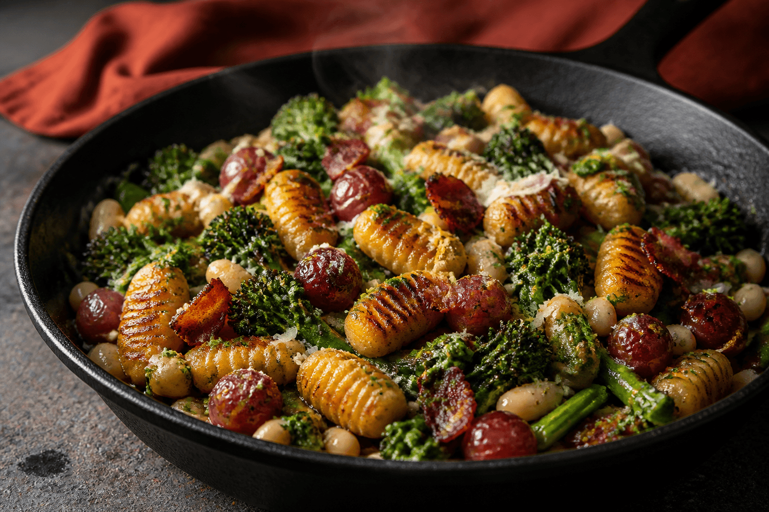 Sort støbejernspande med karamelliserede græskargnocchi, broccoli, sprødstegt bacon, røde druer, hvide bønner, persille-mandelpesto og lagret ost