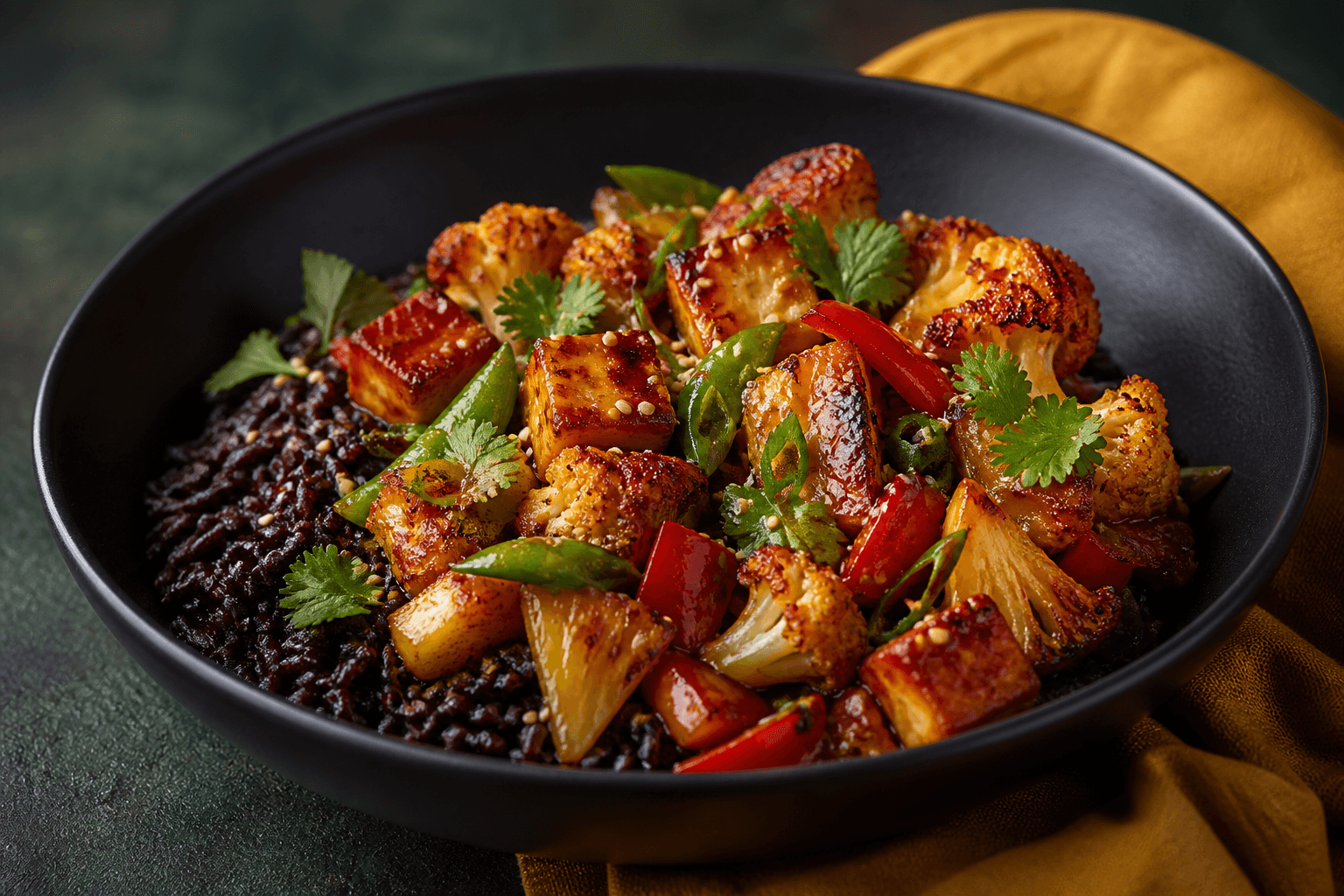 Sort skål med sort ris, glaseret ristet blomkål, brunet halloumi, ananas, rød peber, sukkerærter, sesam og koriander