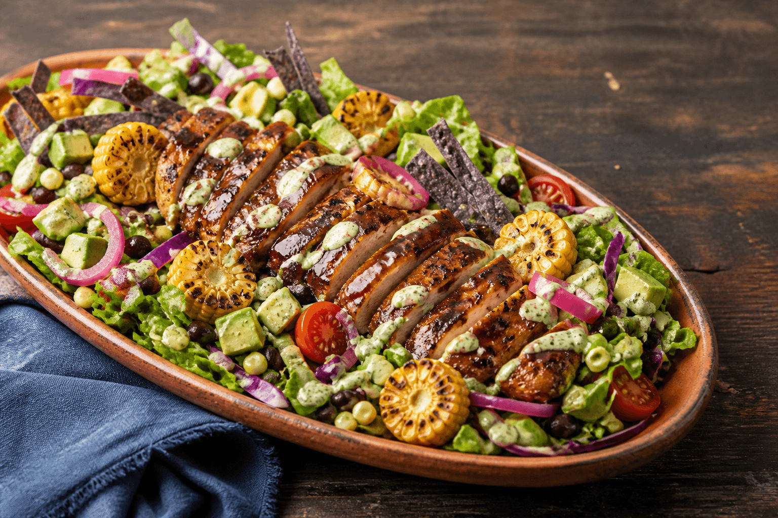 Terracottafad med skiver af gennemstegt BBQ-kylling, romaine, rødkål, grillet majs, sorte bønner, avocado, tomat, syltet rødløg, grøn ranch og blå tortillaknas
