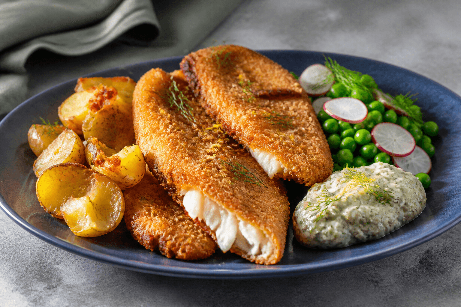 Mørkeblå tallerken med tre gyldne pankopanerede rødspættefileter, knuste kartofler, ærter, radise og grov kapers-cornichon-tatarsauce