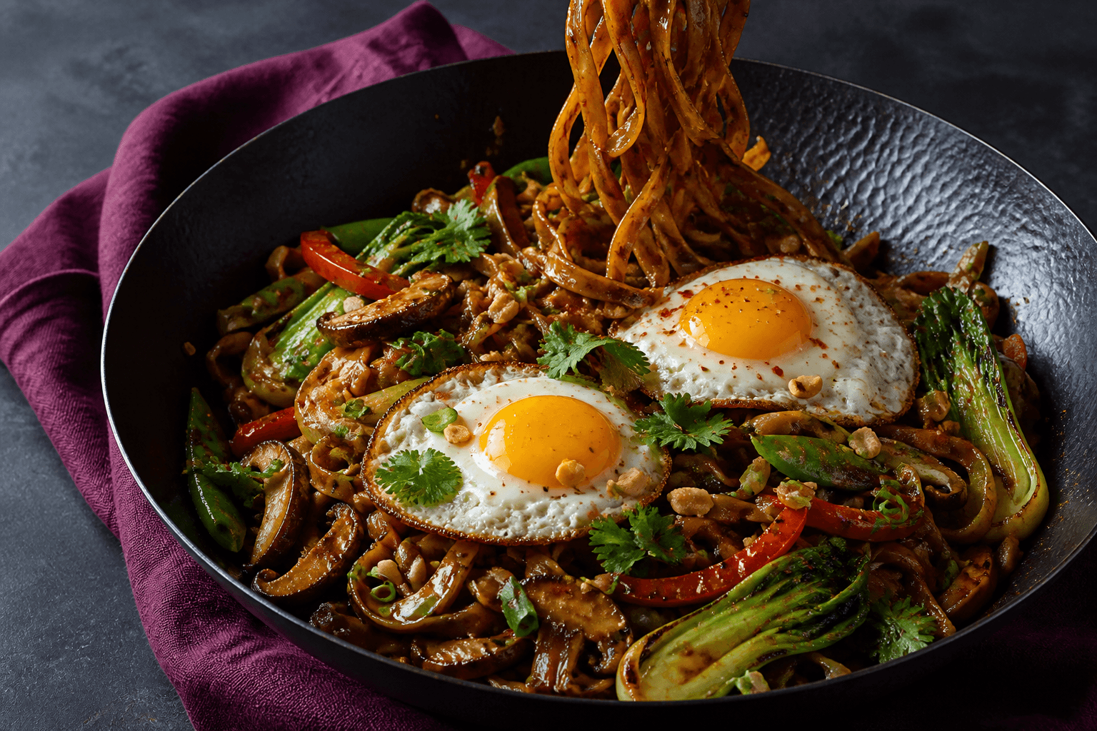 Sort wok med blanke brede hoisinnudler, pak choi, shiitake, rød peber, sukkerærter, to spejlæg med fast hvid, peanuts og koriander