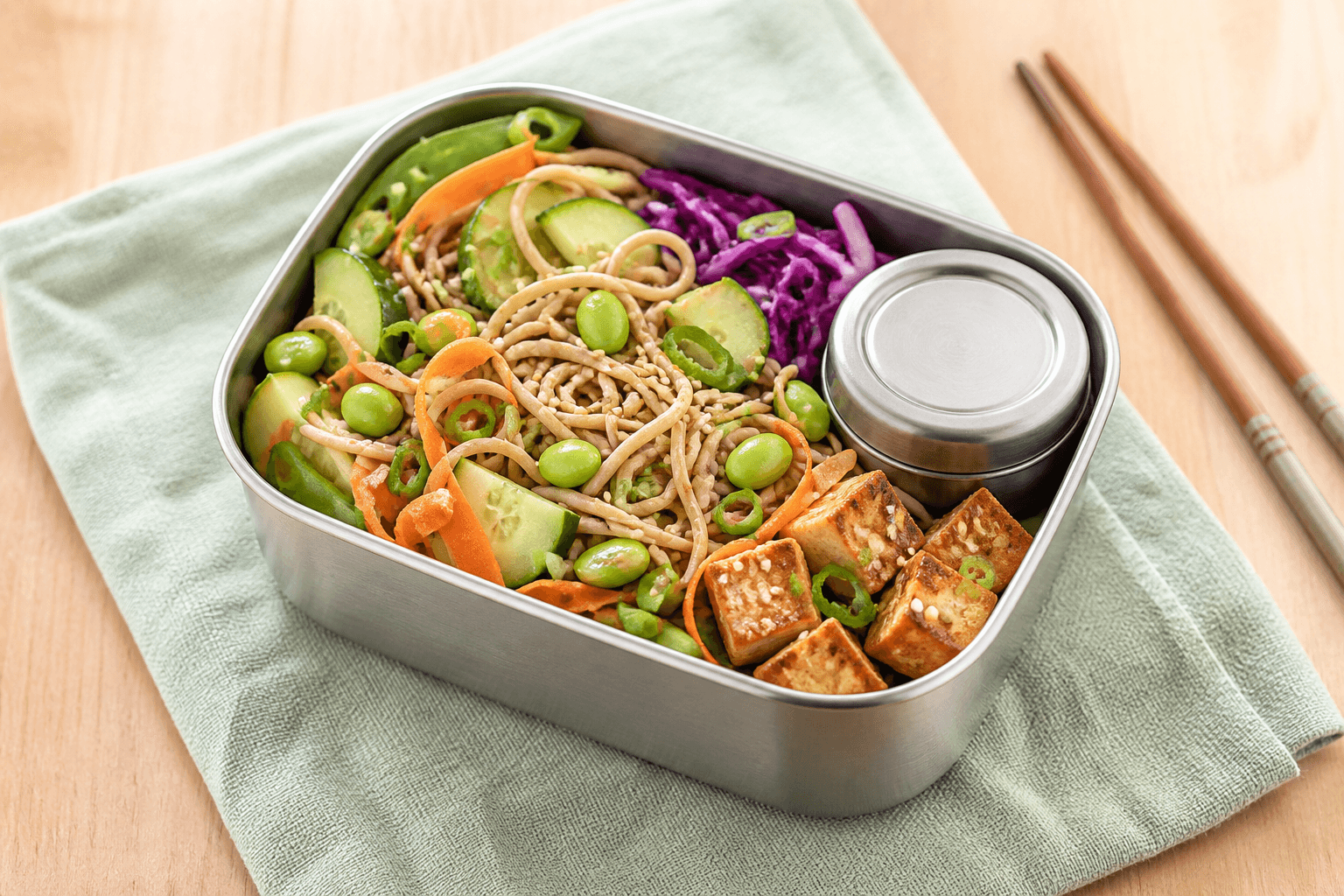 Stålbento med kolde sobanudler, brunet sesamtofu, edamame, agurk, gulerod, lilla kål, sukkerærter, forårsløg og separat sojadressing