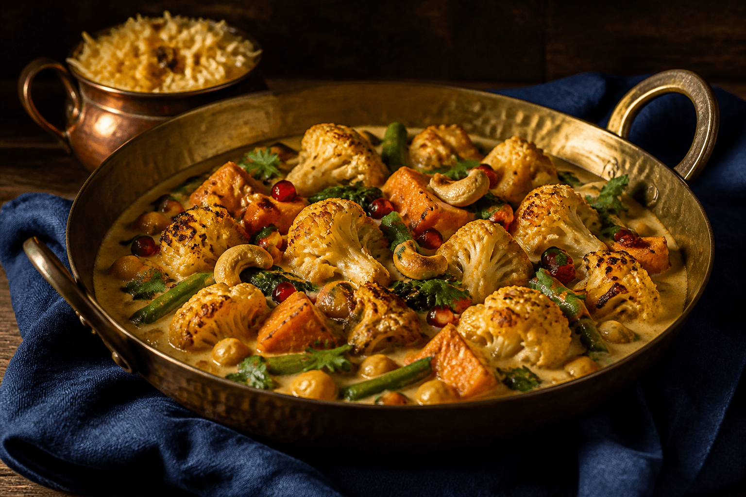 Lav messingpande med gylden cashew-korma, ristet blomkål, kikærter, sød kartoffel, grønne bønner, spinat, cashewnødder, granatæble og koriander