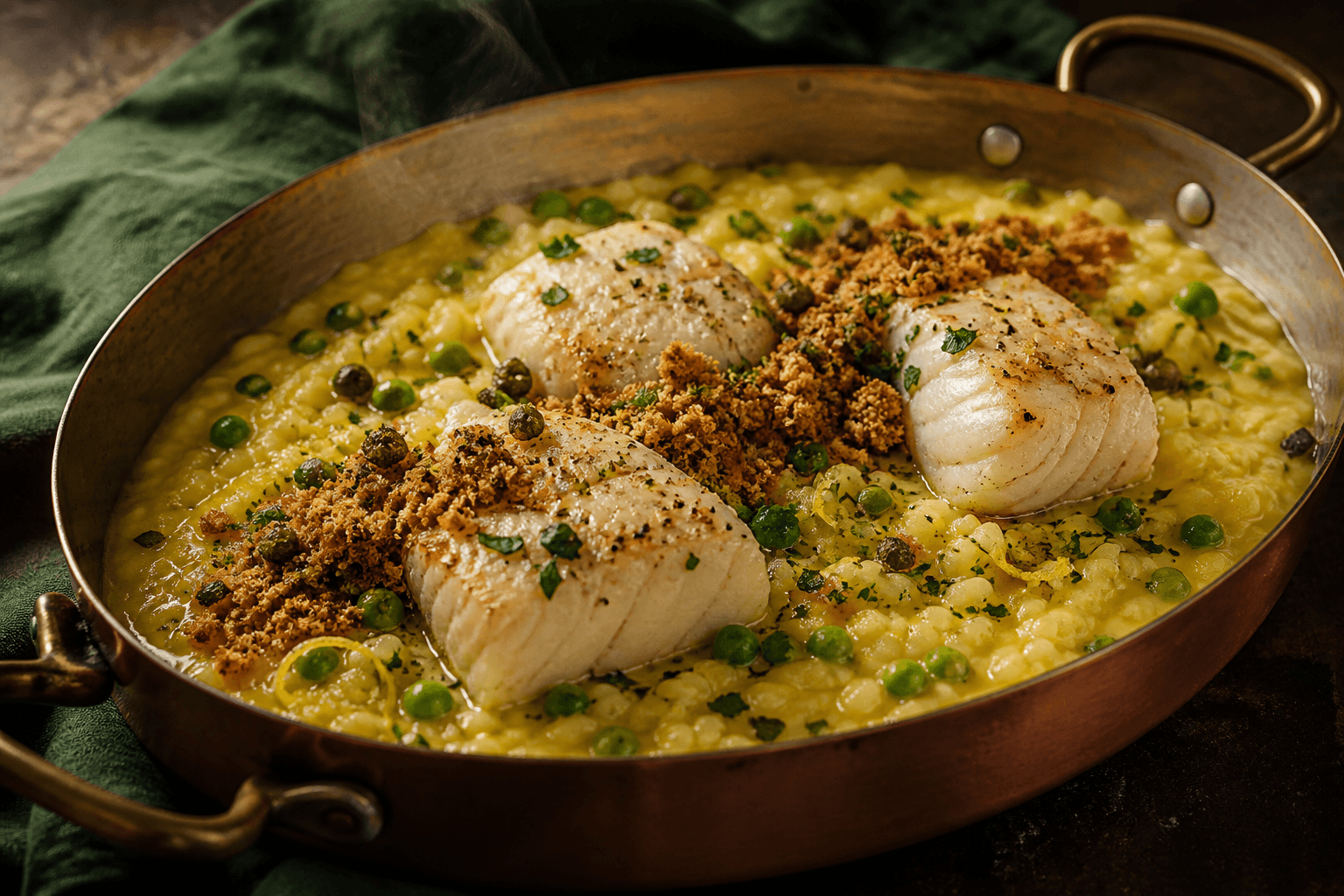 Bred kobberpande med flydende safran-citronrisotto, ærter, tre fuldt tilberedte torskestykker, fennikel-surdejscrunch, kapers og persille