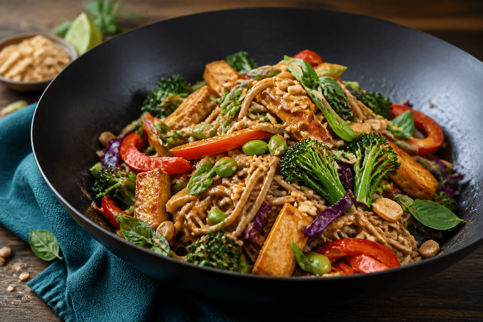 Mørk wok med sobanudler i cremet peanut-limesauce, brunet tofu, broccolini, rødkål, rød peber, edamame, peanuts og thai-basilikum