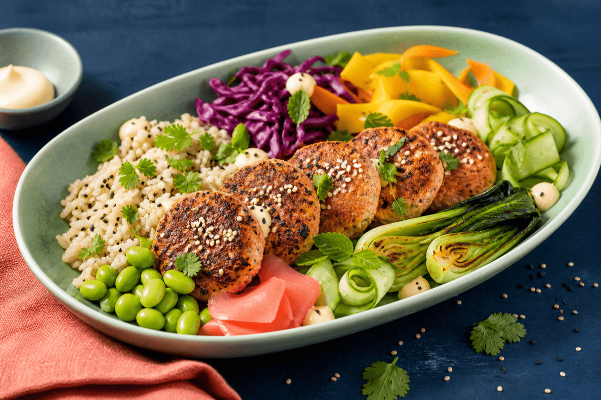 Lang jadegrøn bowl med fem fuldt tilberedte sesam-laksefiskekager, kokosris, mango, rødkål, agurk, edamame, syltet ingefær, pak choi og limemayo