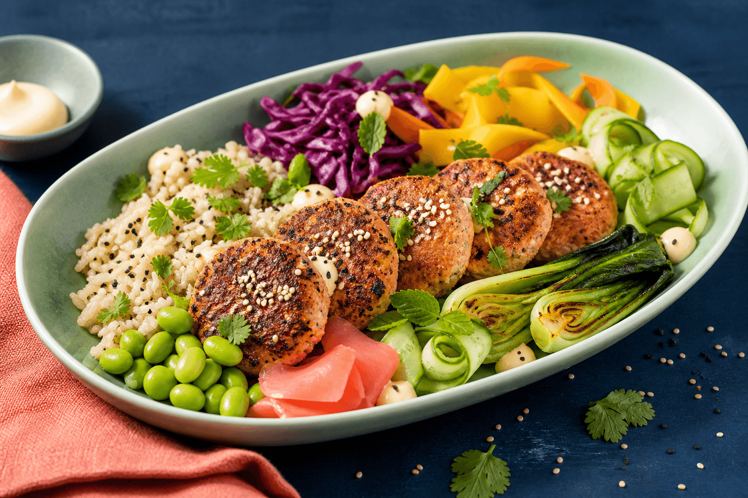 Lang jadegrøn bowl med fem fuldt tilberedte sesam-laksefiskekager, kokosris, mango, rødkål, agurk, edamame, syltet ingefær, pak choi og limemayo