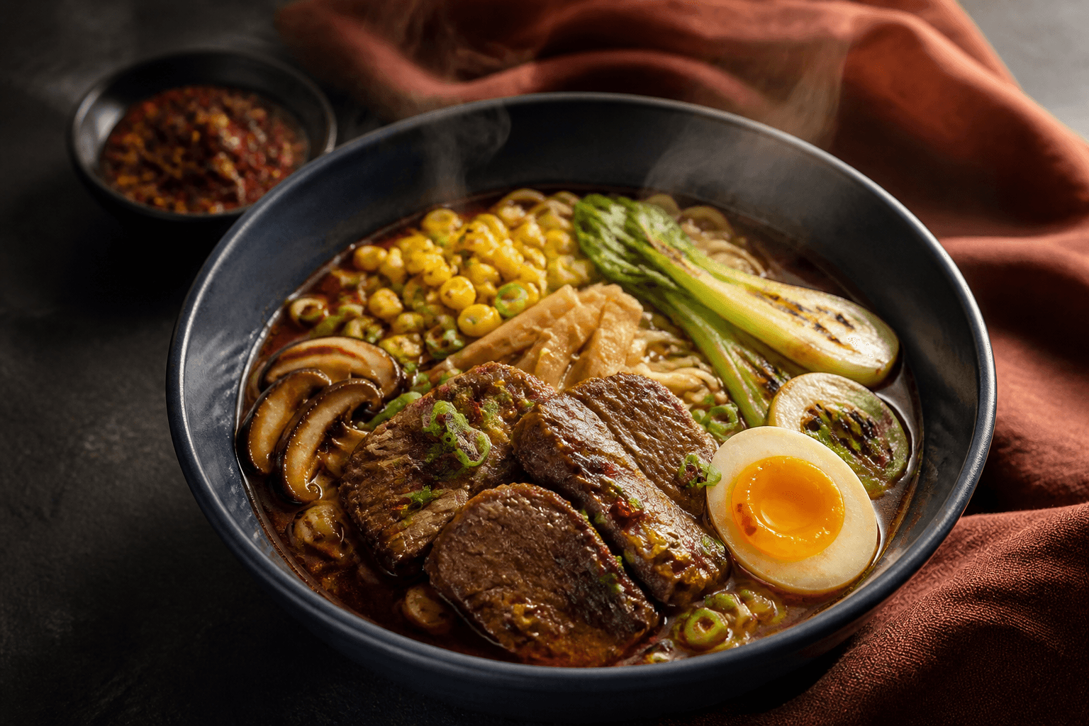 Dyb indigobowl med dampende mørk miso-oksebouillon, ramen, fuldt braiseret oksekød, majs, shiitake, pak choi, bambusskud, forårsløg og æg med fast hvid
