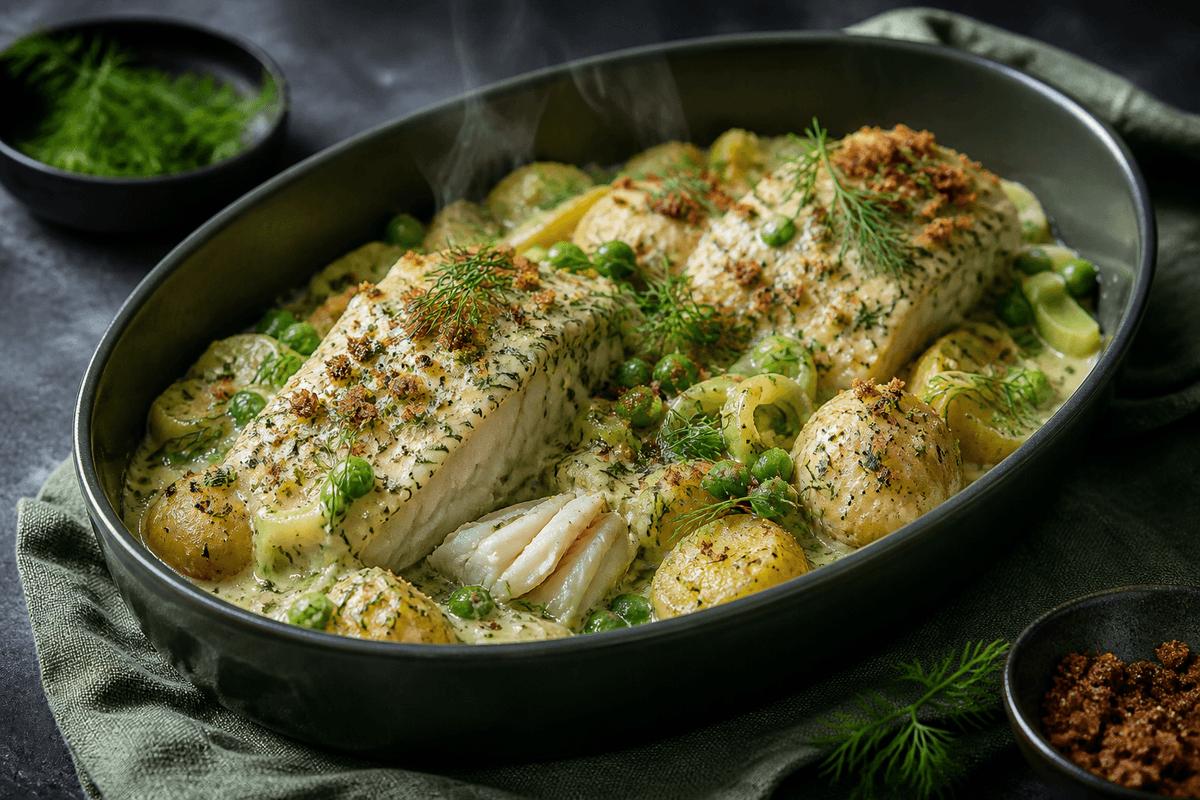 Mørkegrønt ovalt fad med fuldt tilberedt kuller, nye kartofler, porrer og ærter i senneps-dildsauce med rugbrødscrunch