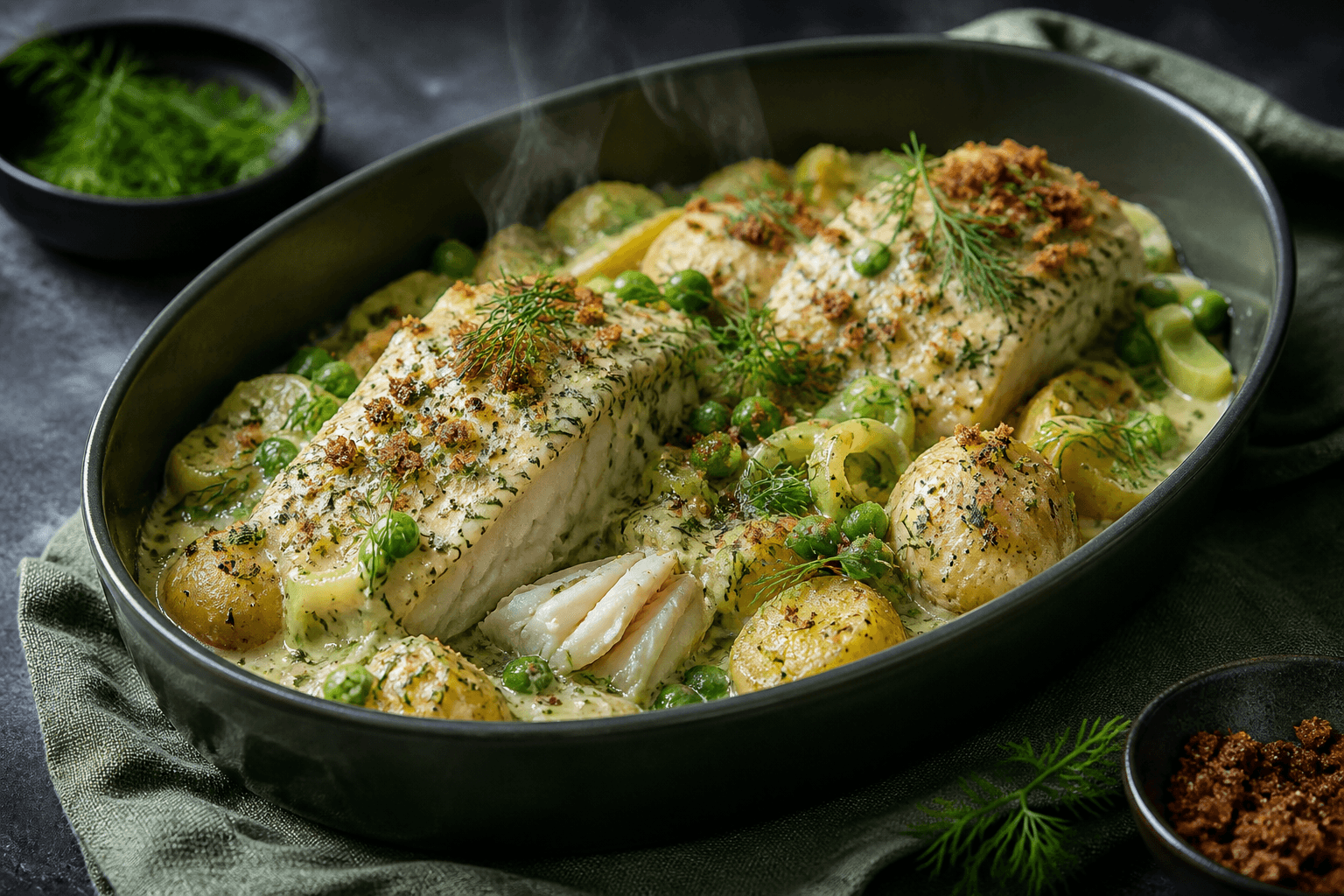 Mørkegrønt ovalt fad med fuldt tilberedt kuller, nye kartofler, porrer og ærter i senneps-dildsauce med rugbrødscrunch