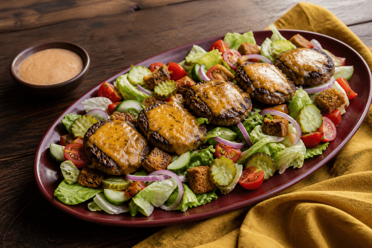 Bordeauxrødt fad med sprød salat, seks fuldt gennemstegte små oksebøffer med cheddar, rugcroutoner, tomat, agurk, pickles og rødløg