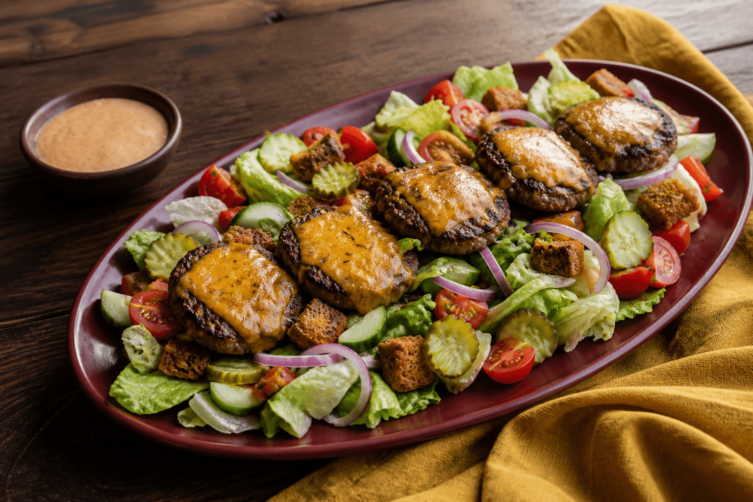 Bordeauxrødt fad med sprød salat, seks fuldt gennemstegte små oksebøffer med cheddar, rugcroutoner, tomat, agurk, pickles og rødløg