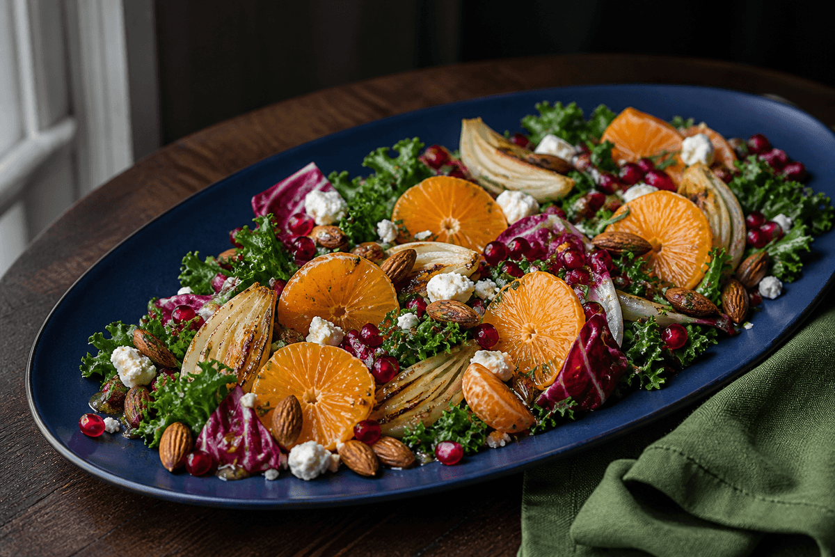 Langt mørkeblåt fad med grønkål, radicchio, klementinhjul, ristet fennikel, rosmarinmandler, granatæble og feta
