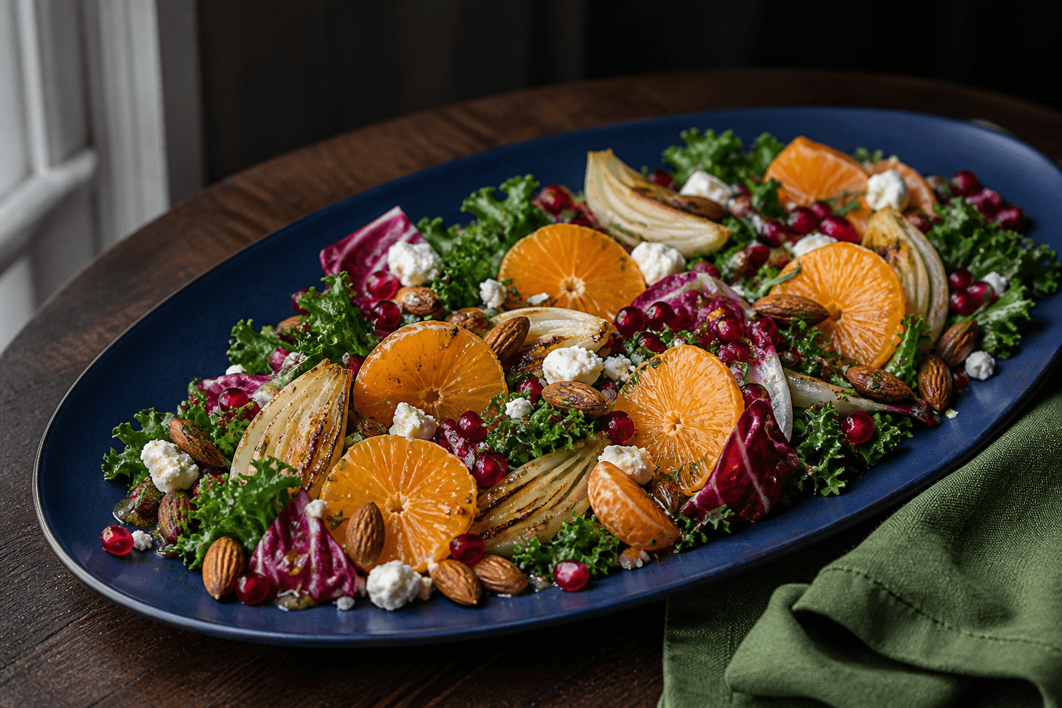 Langt mørkeblåt fad med grønkål, radicchio, klementinhjul, ristet fennikel, rosmarinmandler, granatæble og feta