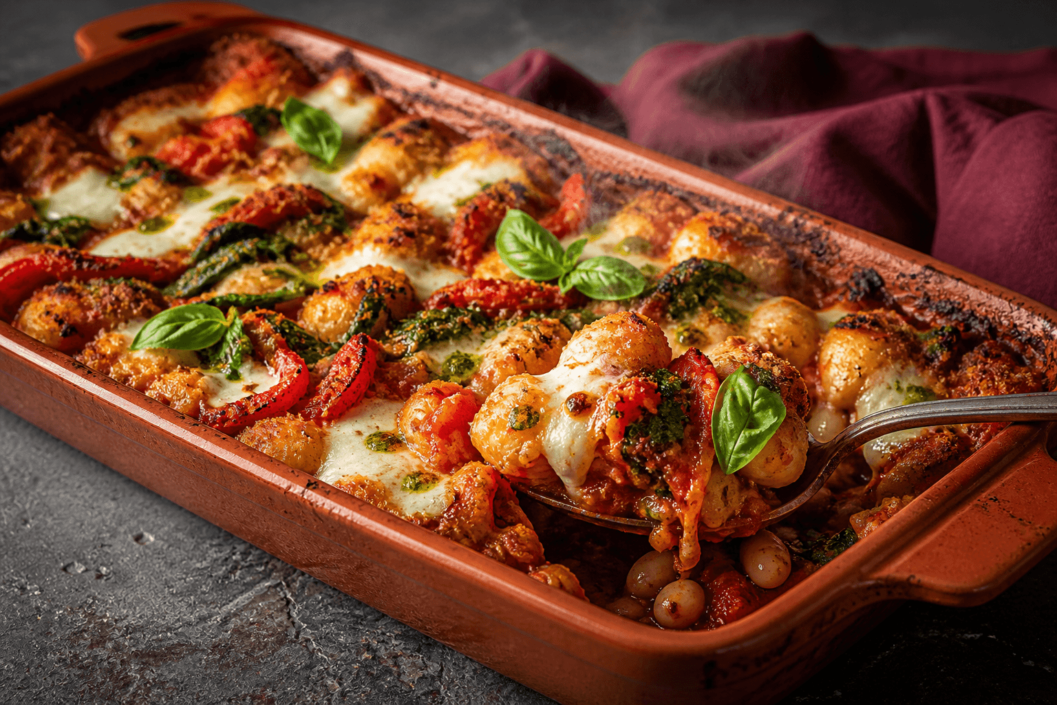 Langt terrakottafad med bagt gnocchi, hvide bønner, spinat og rød peber i krydret tomatsauce med røget mozzarella og sprøde krummer