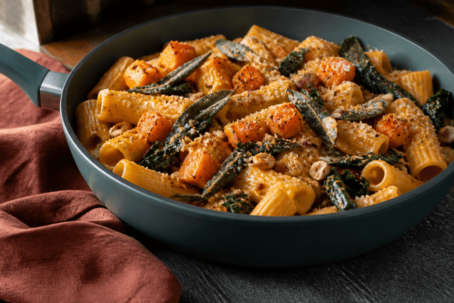 Bred mat tealgrøn pande med rigatoni i græskarsauce, karamelliserede græskartern, cavolo nero, sprød salvie og hasselnødde-rugcrunch