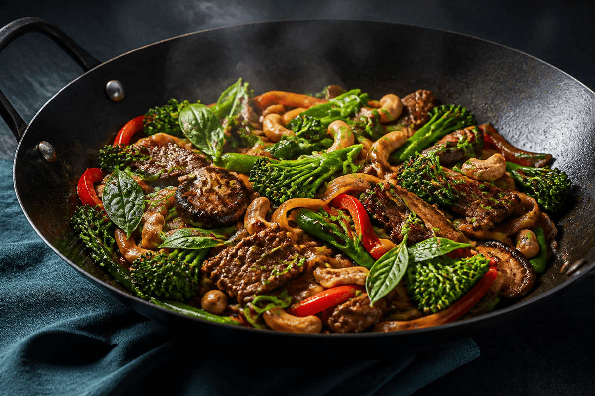 Sort wok med fuldt tilberedte brunede oksekødsstrimler, risnudler, broccolini, rød peber, sukkerærter, shiitake, cashews og thai-basilikum