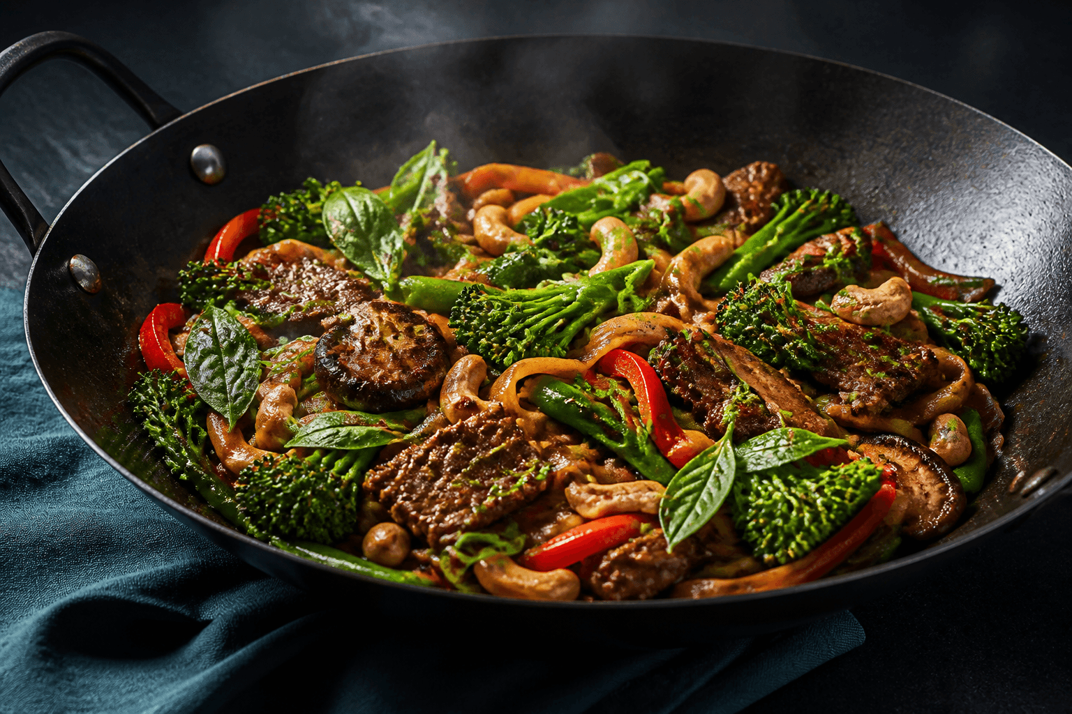 Sort wok med fuldt tilberedte brunede oksekødsstrimler, risnudler, broccolini, rød peber, sukkerærter, shiitake, cashews og thai-basilikum