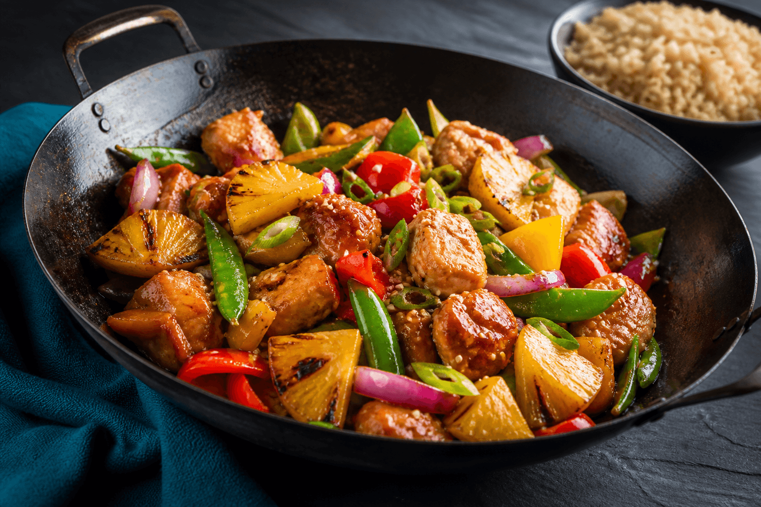 Sort wok med fuldt tilberedt kylling i blank sur-sød blommesauce, forkullet ananas, rød og gul peber, sukkerærter, rødløg og sesam