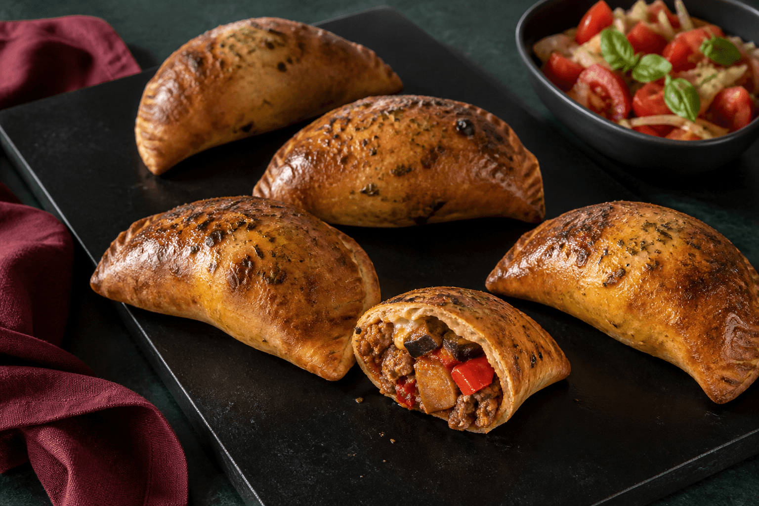 Sort bagestål med fem små mørkgyldne calzone, én åben med fuldt gennemstegt oksekød, aubergine, rød peber, tomat og røget mozzarella
