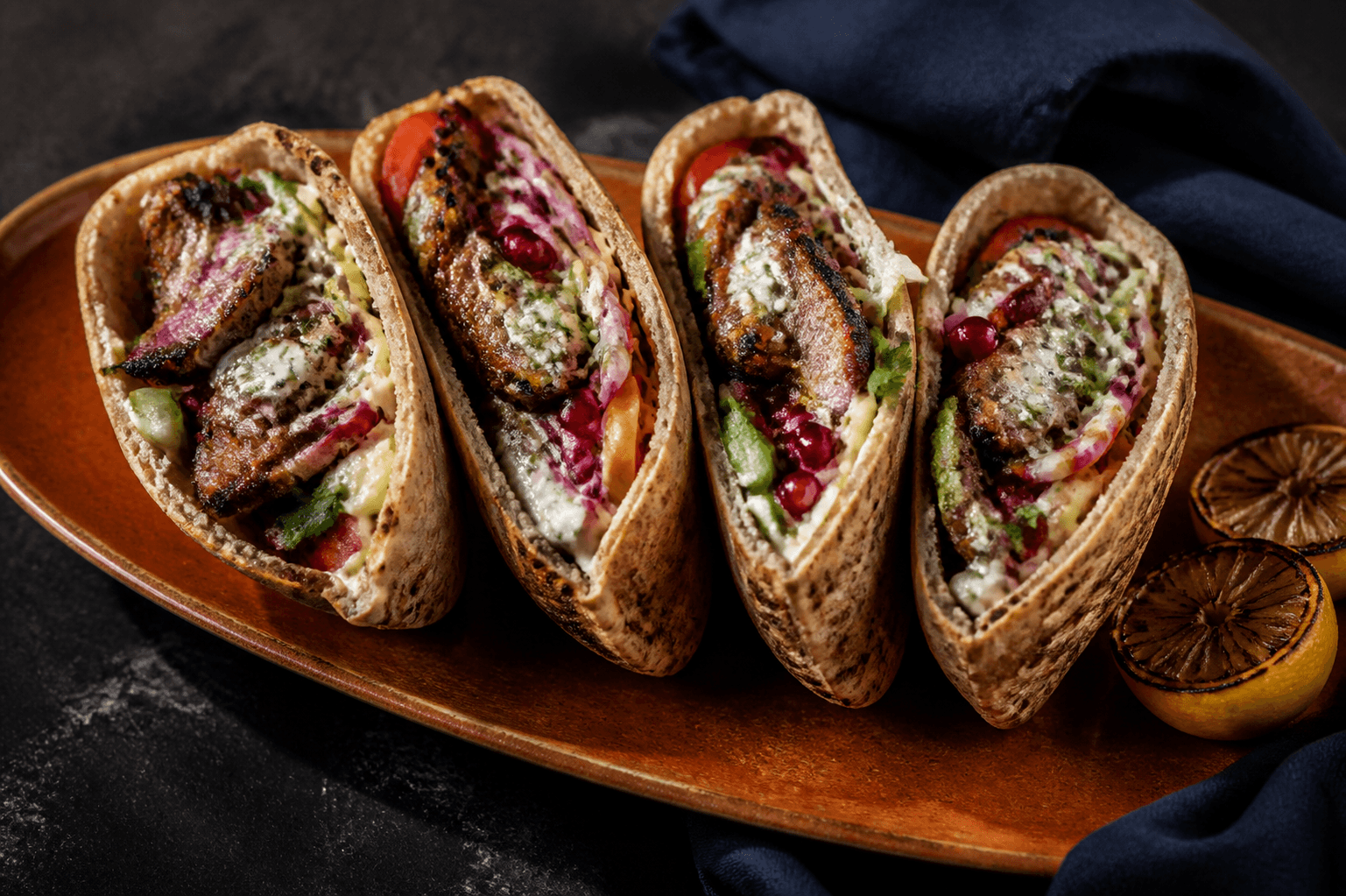 Brændt orange fad med fire fuldkornspita fyldt med fuldt tilberedt oksekebab, rød og hvid kål, tomat, agurk, sumakløg, tahini-myntedressing og granatæble