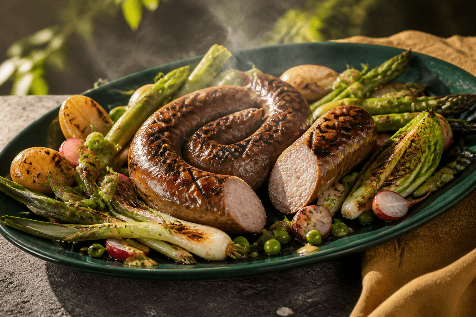 Mørkegrønt grillfad med spiral af gennemstegt medister, grillede nye kartofler, little gem, asparges, ærter, radiser og senneps-dildvinaigrette