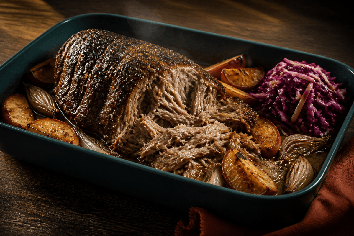 Dyb tealgrøn bradepande med mørkbarket ovnbraiseret pulled pork, lange møre fibre, stegte æbler, skalotteløg, fennikel og rødkålsslaw