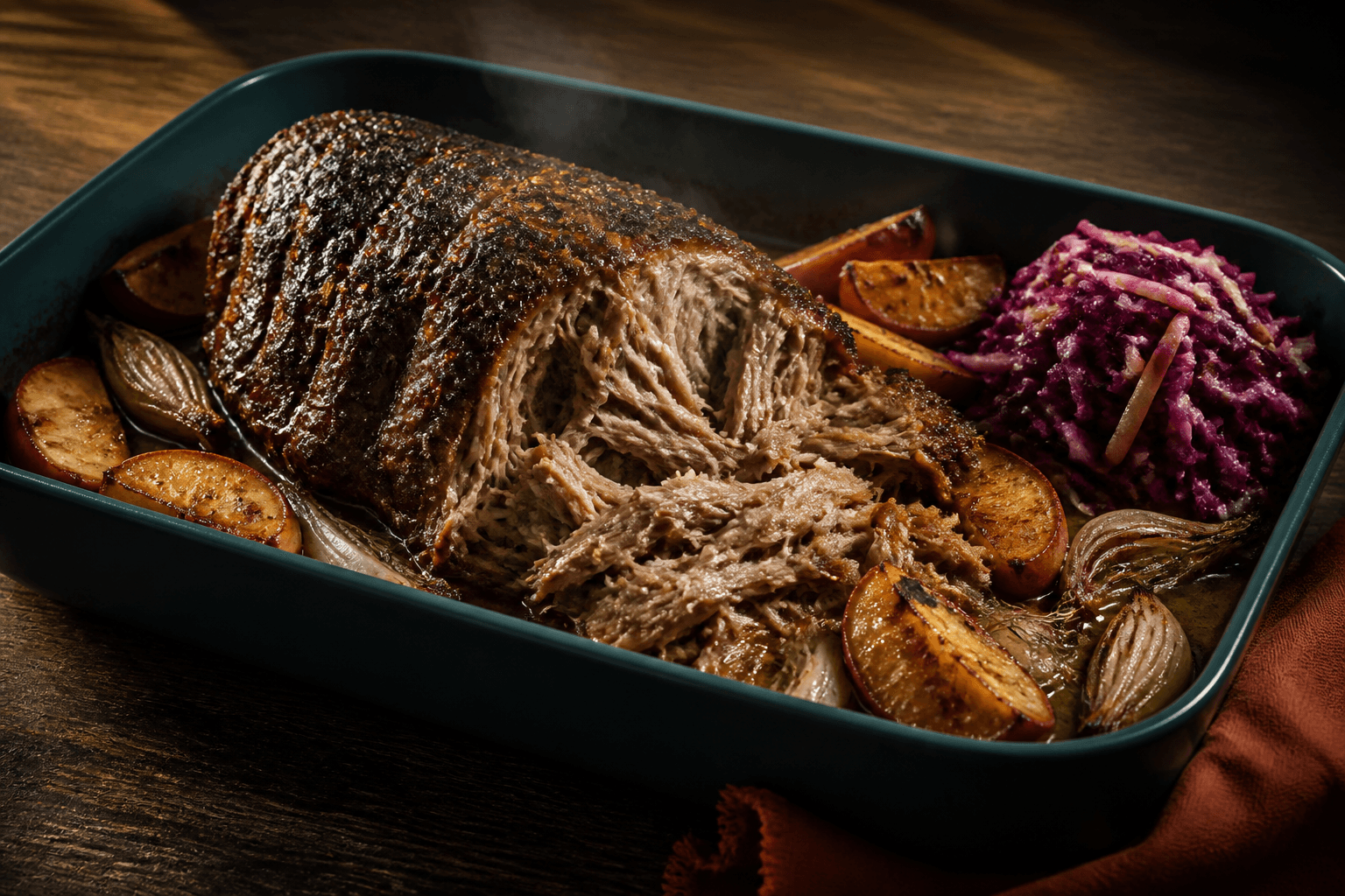 Dyb tealgrøn bradepande med mørkbarket ovnbraiseret pulled pork, lange møre fibre, stegte æbler, skalotteløg, fennikel og rødkålsslaw