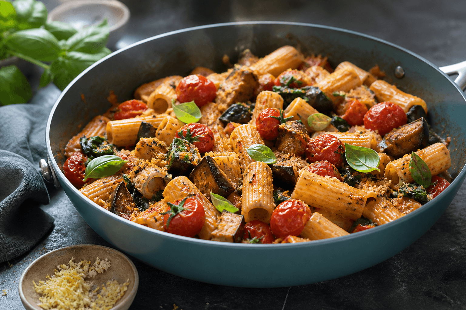 Mat tealgrøn sauterpande med rigatoni i bagt feta-tomatsauce, blisterede tomater, brunet aubergine, spinat, basilikum og citron-rugcrunch