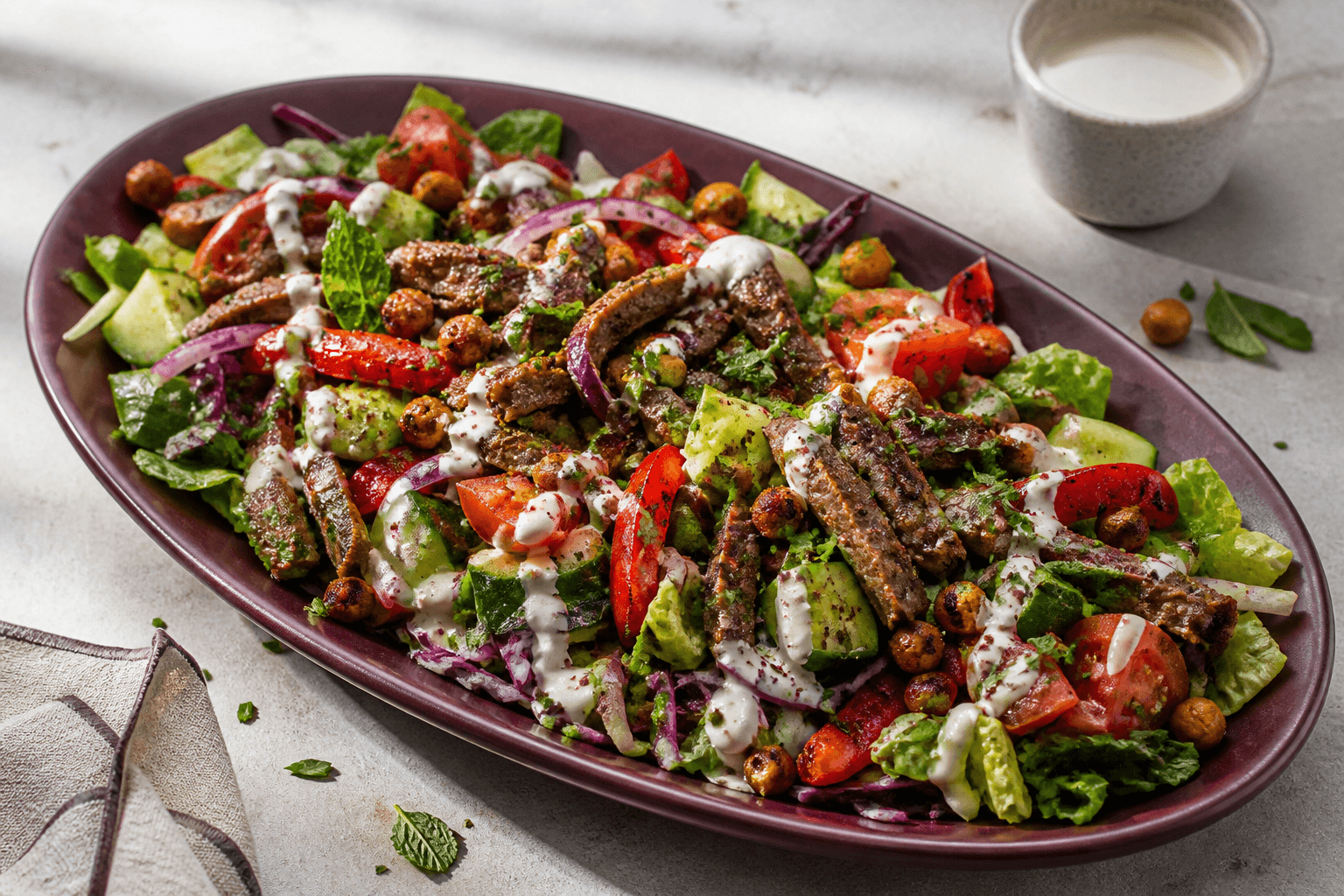 Langt bordeaux fad med sprød kebabsalat, fuldt gennemstegte oksekødsstrimler, kikærter, peberfrugt, agurk, tomat, sumakløg, mynte og tahinidressing