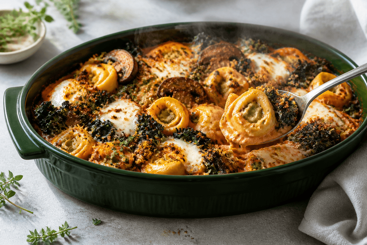 Langt mørkegrønt gratinfad med synlige spinat-ricotta-tortellini, tomat-mascarponesauce, brunede svampe, cavolo nero, mozzarella og rug-urtechrunch