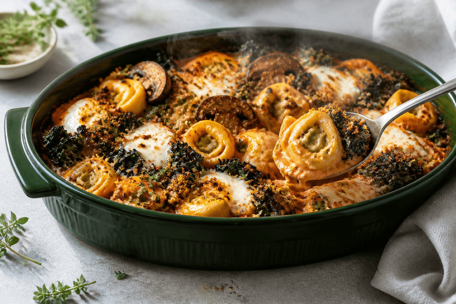 Langt mørkegrønt gratinfad med synlige spinat-ricotta-tortellini, tomat-mascarponesauce, brunede svampe, cavolo nero, mozzarella og rug-urtechrunch