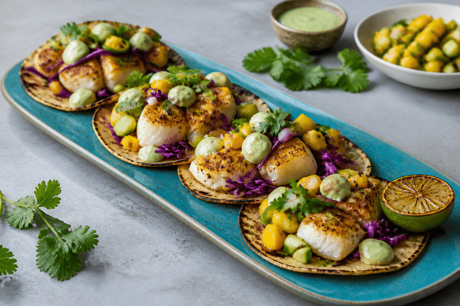Langt turkis fad med fire åbne majstacos, fuldt tilberedt sortnet torsk, mango-ananas-agurkesalsa, rødkål, jalapeño, koriander og avocadocreme