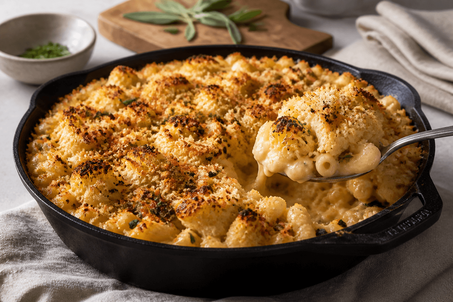 Sort støbejernspande med ovnbagt macaroni and cheese, ristet blomkål, cheddar-goudasauce, gylden rug-pankocrunch, salvie og en løftet skefuld