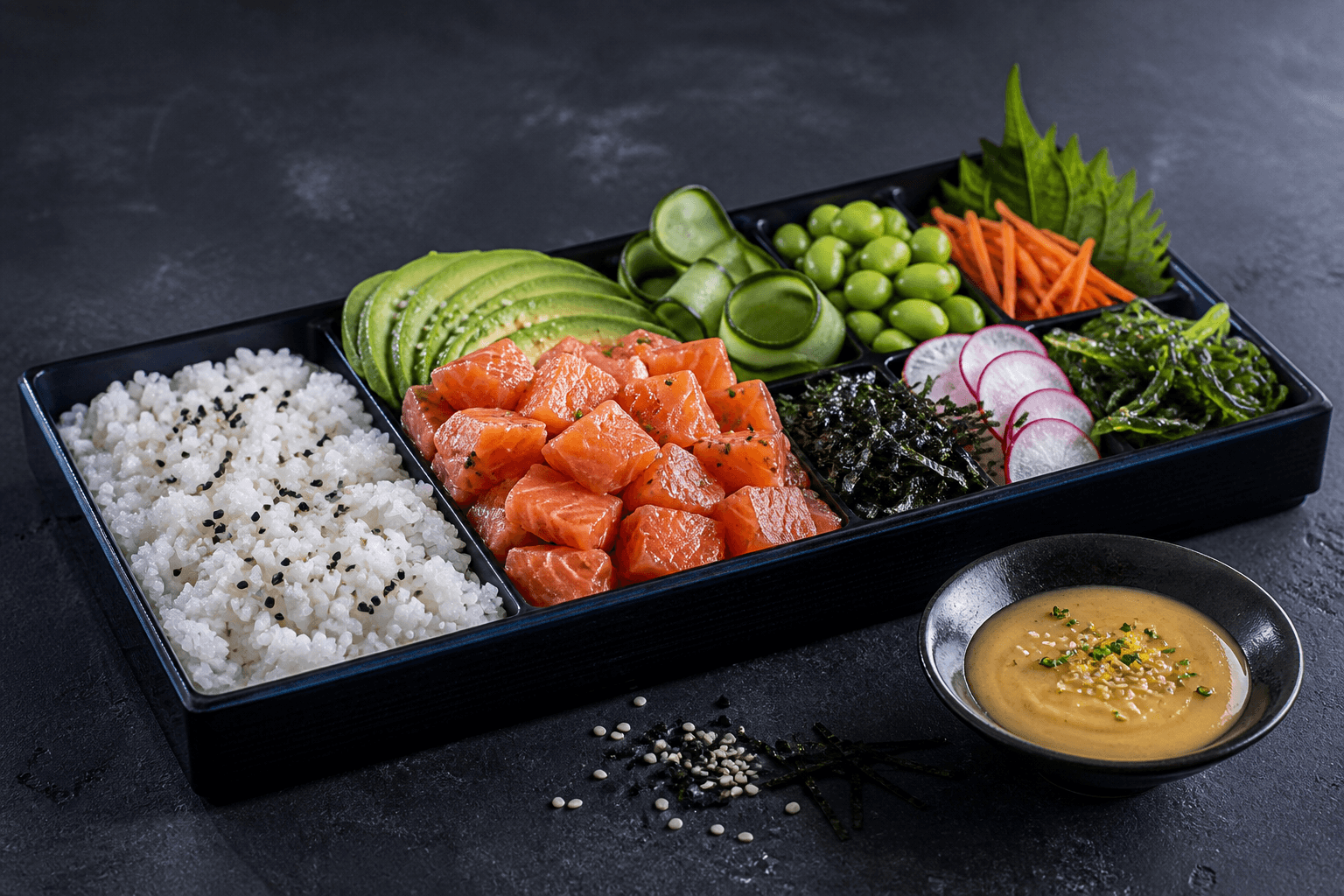 Lang mørk indigobento med separate felter af sushiris, dokumenteret råfiskegnet iskold laks, avocado, agurk, edamame, gulerod, wakame, radise og dressing